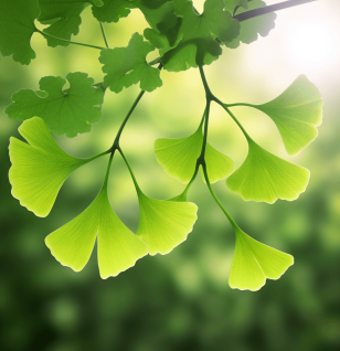 Ginkgo biloba – A bright depiction of Ginkgo biloba leaves, included in Interstellar Blends for cognitive enhancement and circulation.