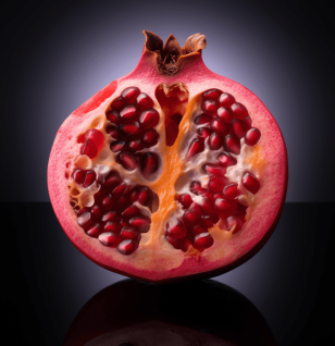 Punica granatum (Pomegranate) – A striking shot of pomegranate fruit, rich in polyphenols, featured in Interstellar Blends for heart health and anti-aging properties.