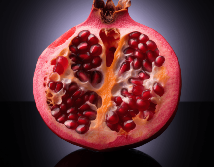 Punica granatum (Pomegranate) – A striking shot of pomegranate fruit, rich in polyphenols, featured in Interstellar Blends for heart health and anti-aging properties.