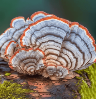 Turkey Tail (Trametes versicolor) – A close-up of Turkey Tail mushrooms, a vital component of Interstellar Blends for immune modulation and gut health.