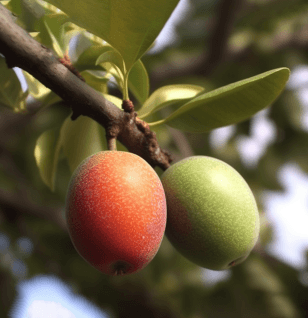 Ximenia americana (Wild Plum) fruit and leaf illustration, a nutrient-rich plant featured in Interstellar Blends' herbal formulas, known for its anti-inflammatory, antioxidant, and skin-rejuvenating properties
