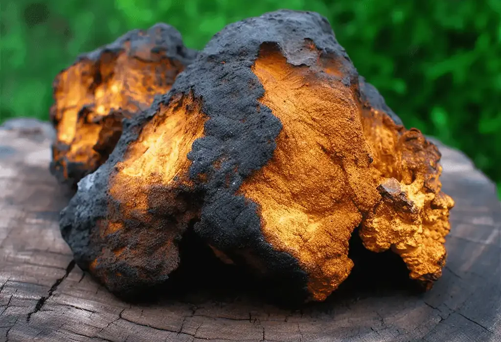 Chaga (Inonotus obliquus) – A detailed photo of Chaga mushroom, a superfood in Interstellar Blends for immune function and cellular support.