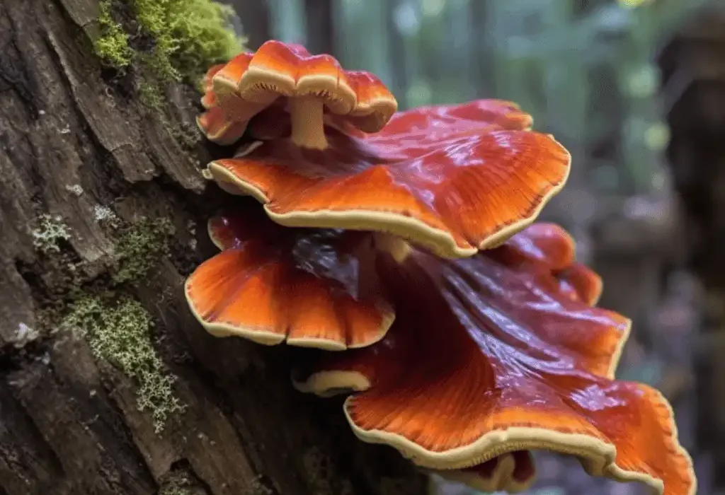 Ganoderma lucidum – A vibrant image of Ganoderma lucidum (Reishi mushroom), a key adaptogen in Interstellar Blends for longevity and stress relief.