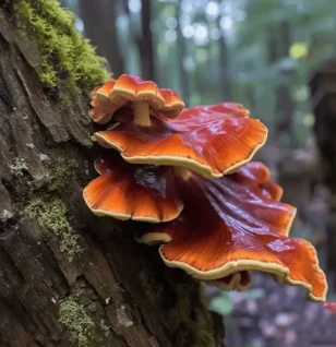 Ganoderma lucidum – A vibrant image of Ganoderma lucidum (Reishi mushroom), a key adaptogen in Interstellar Blends for longevity and stress relief.